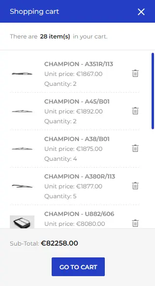 Image of the shopping cart with selected items and their quantities and total price