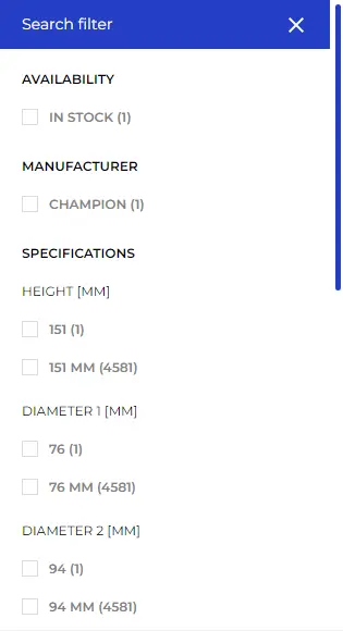 Sidebar filter image where you can narrow your search by availability, manufacturer or specification